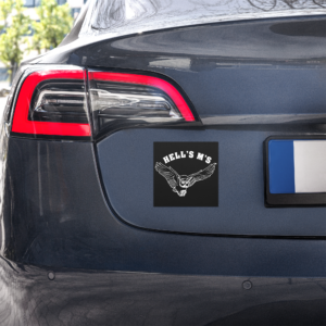 5.5" by 5.5" car magnet on back bumper of car with HELL's M's logo