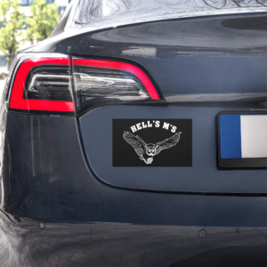 7.5" by 4.5" car magnet on back bumper of car with HELL's M's logo