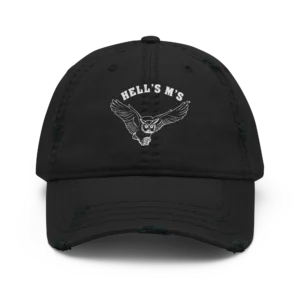 Distressed ball cap with HELL's M's logo